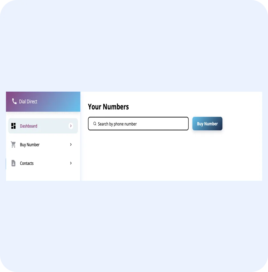Dashboard interface of ORO AI's Dial Direct service, featuring options to buy a virtual number and manage contacts, with a search bar for phone numbers.